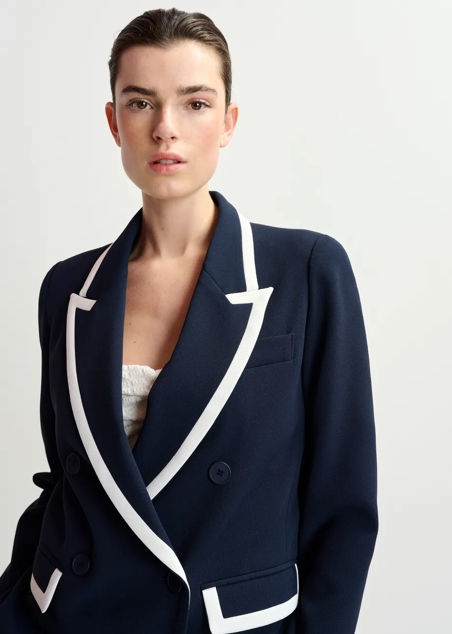 Dark blue and white double-breasted blazer with contrasting trims