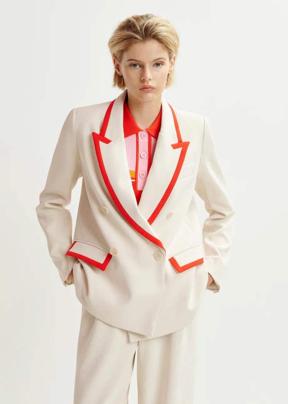 Off-white and red double-breasted blazer with contrasting trims