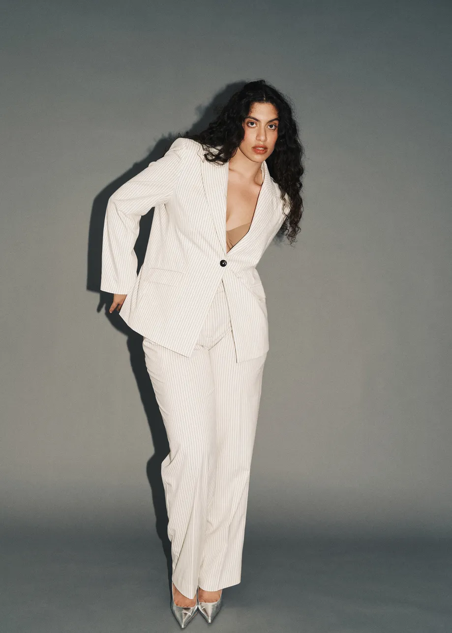 Off-white and black pinstripe single-breasted blazer