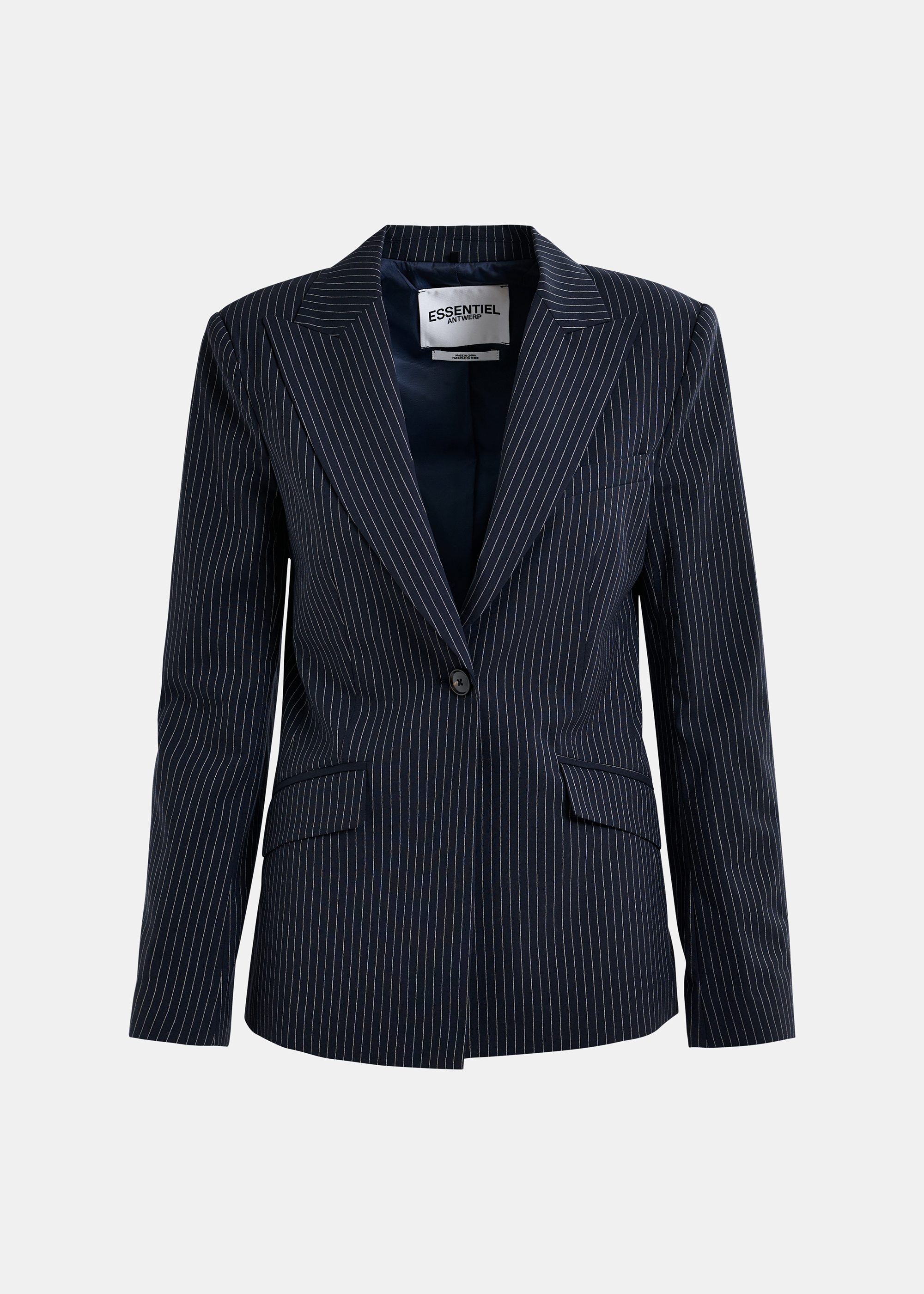 Dark blue and white pinstripe single-breasted blazer