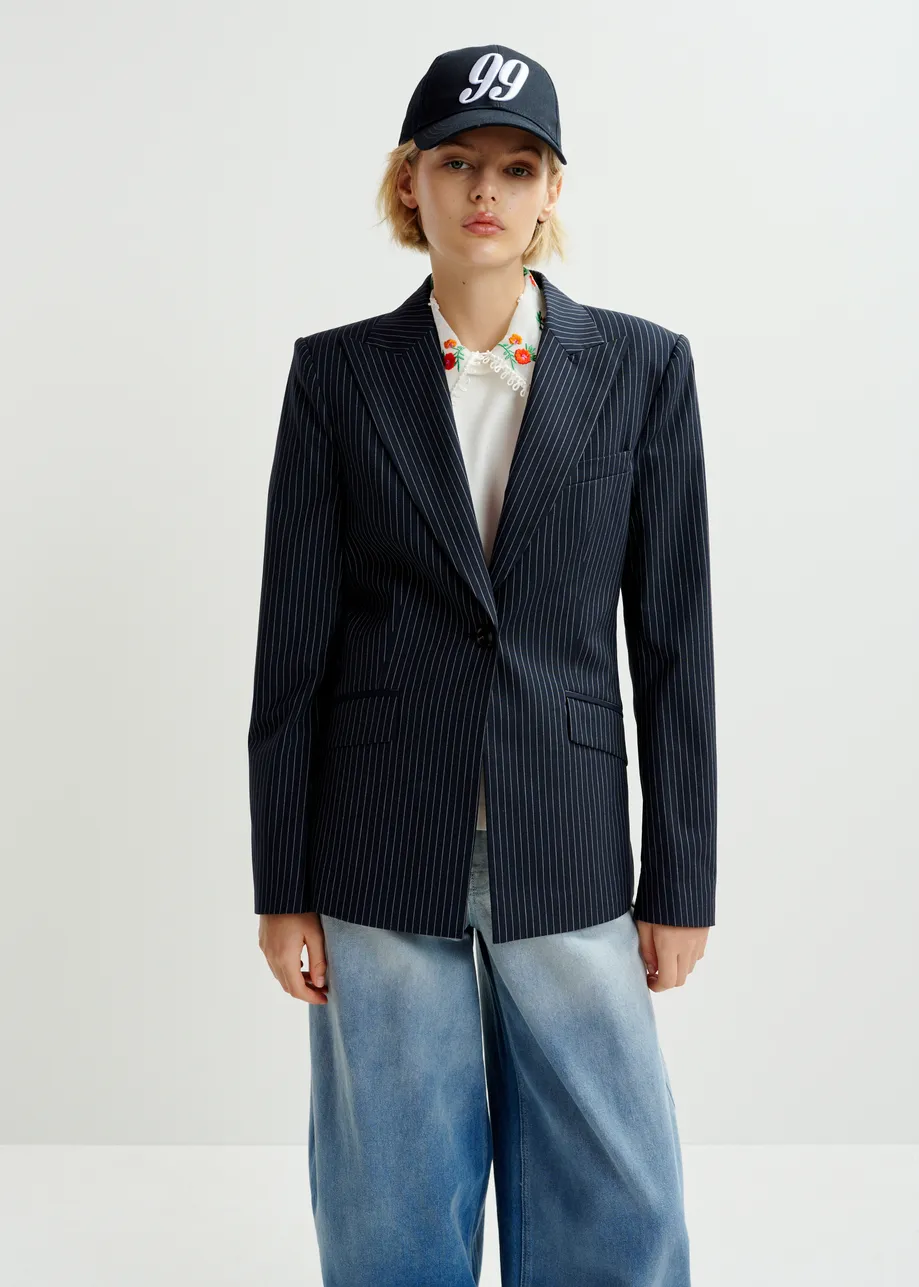 Dark blue and white pinstripe single-breasted blazer