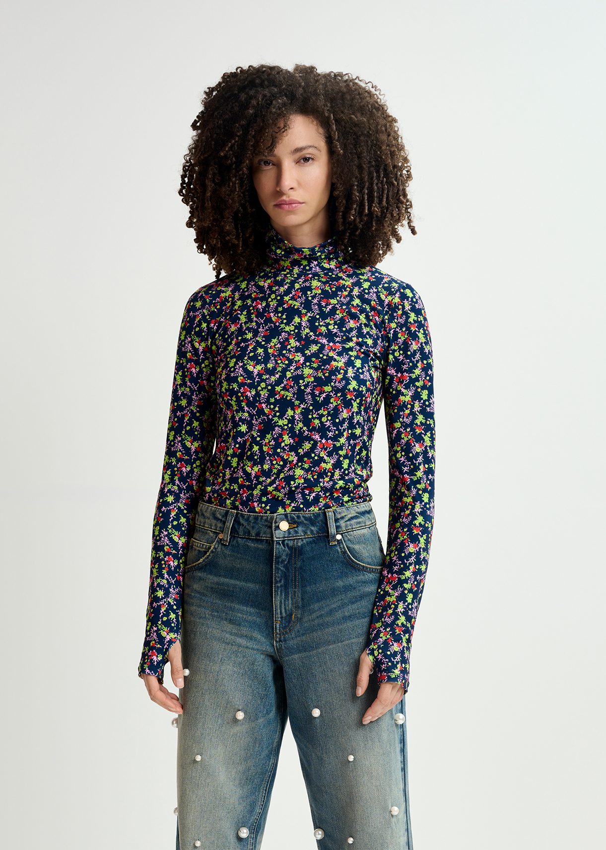 Dark blue floral-print turtleneck top | Essentiel Antwerp United