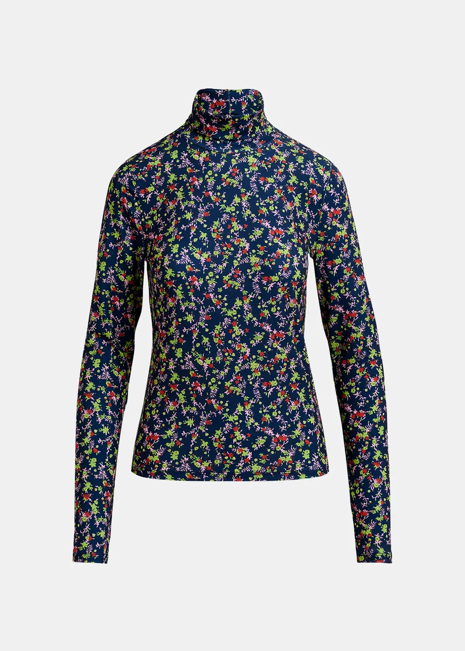 Top de cuello alto con estampado floral, azul oscuro