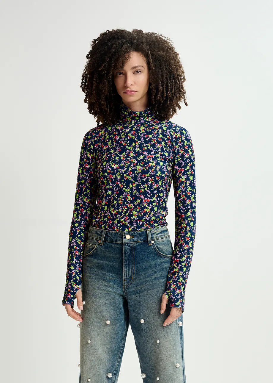 Dark blue floral-print turtleneck top