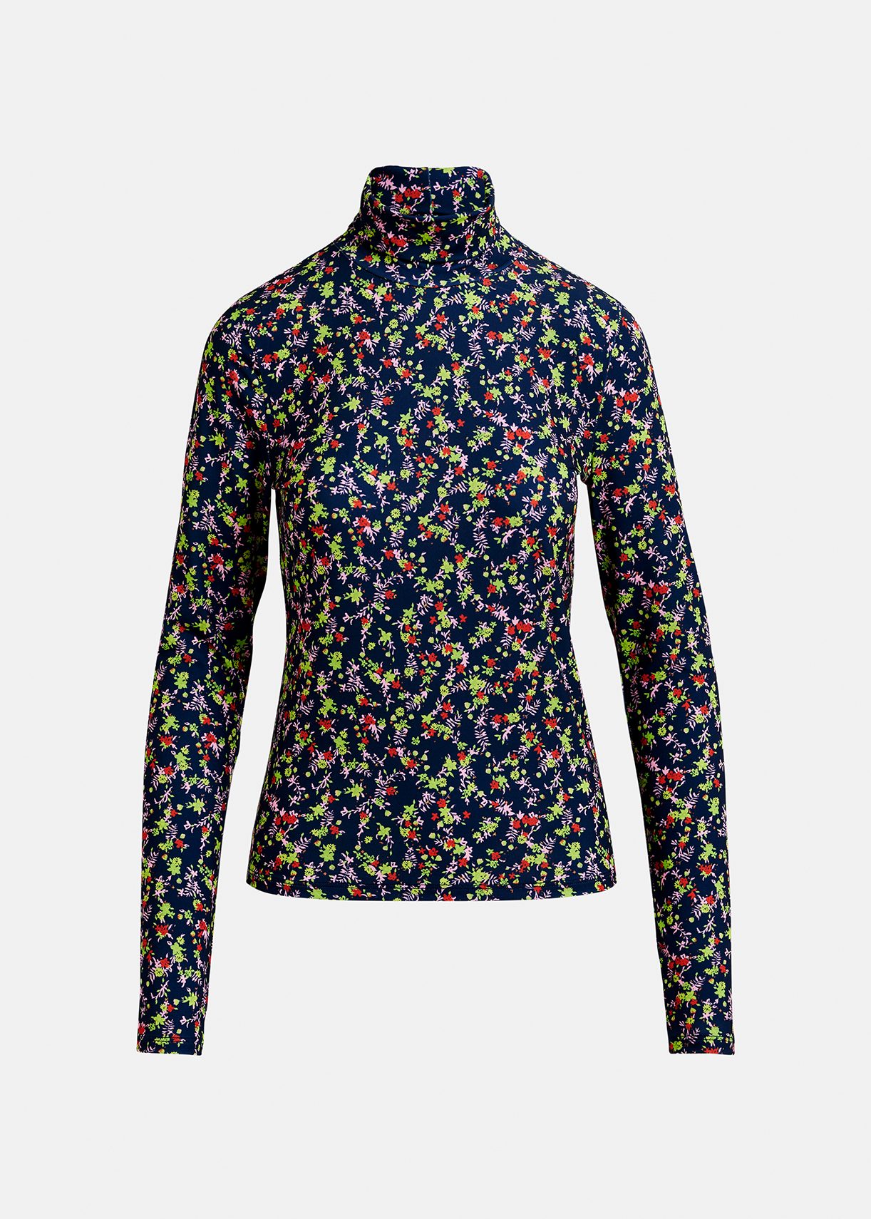 Donkerblauwe rolkraagtop met bloemenprint