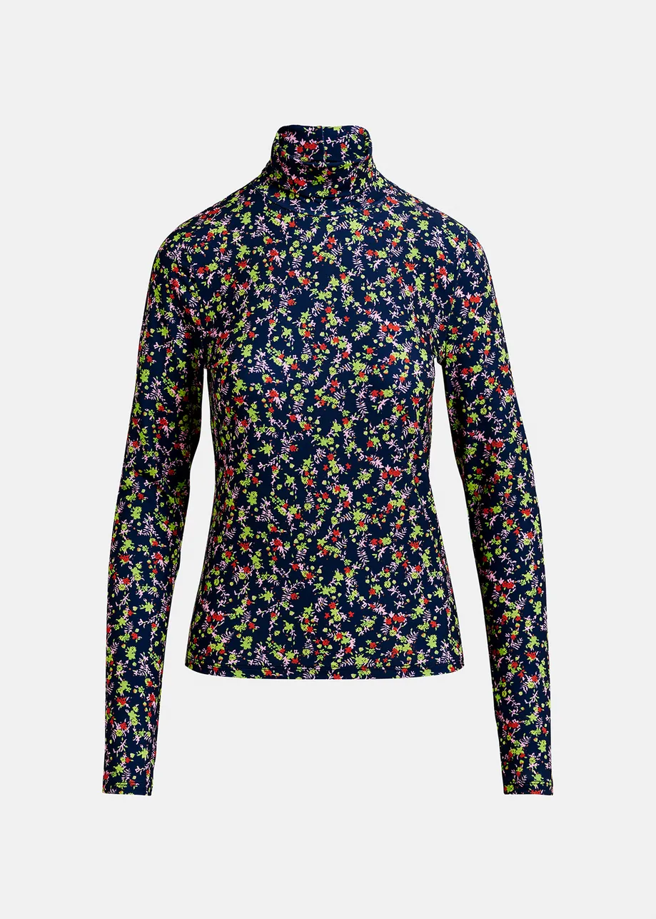 Donkerblauwe rolkraagtop met bloemenprint