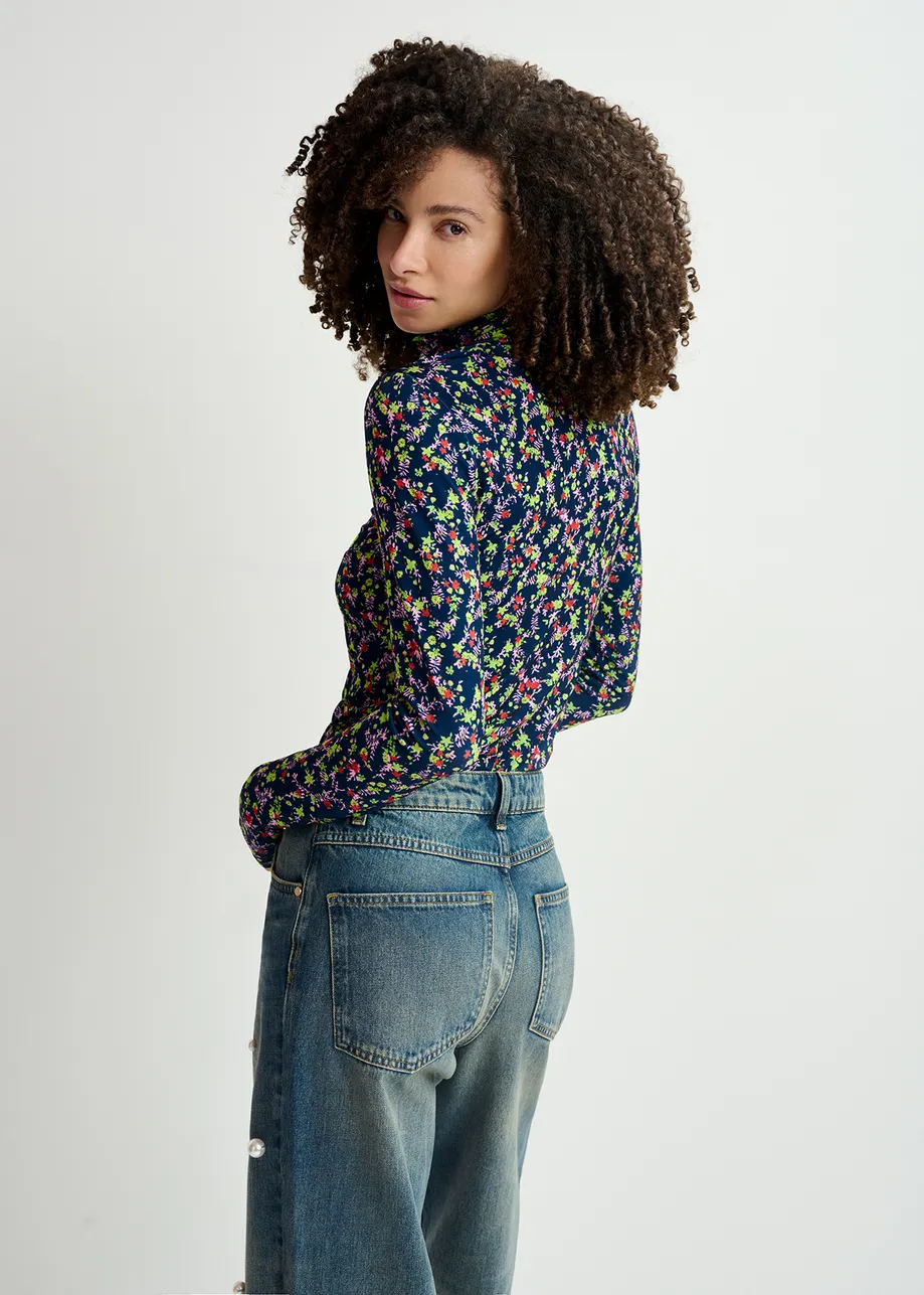 Dark blue floral-print turtleneck top