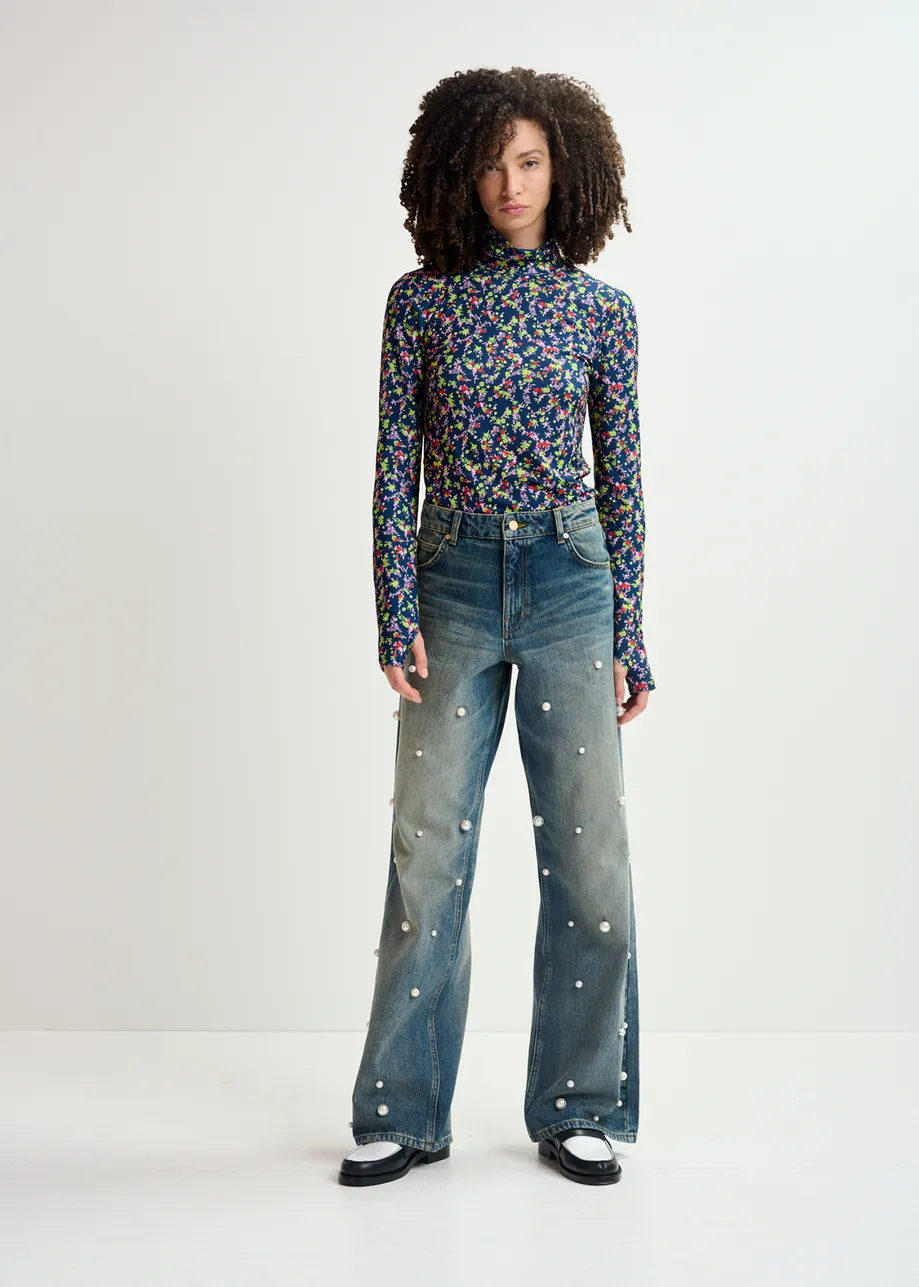 Top de cuello alto con estampado floral, azul oscuro
