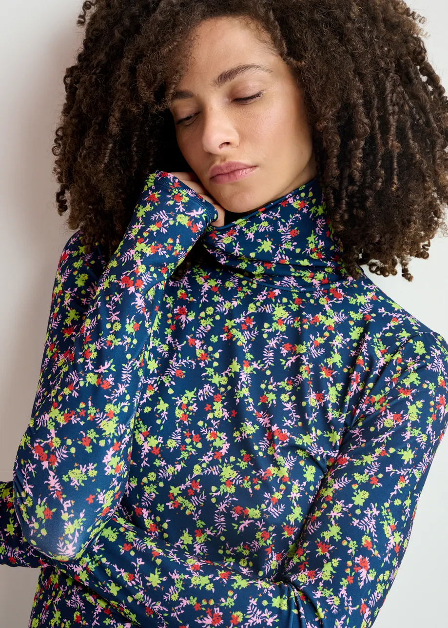 Top de cuello alto con estampado floral, azul oscuro
