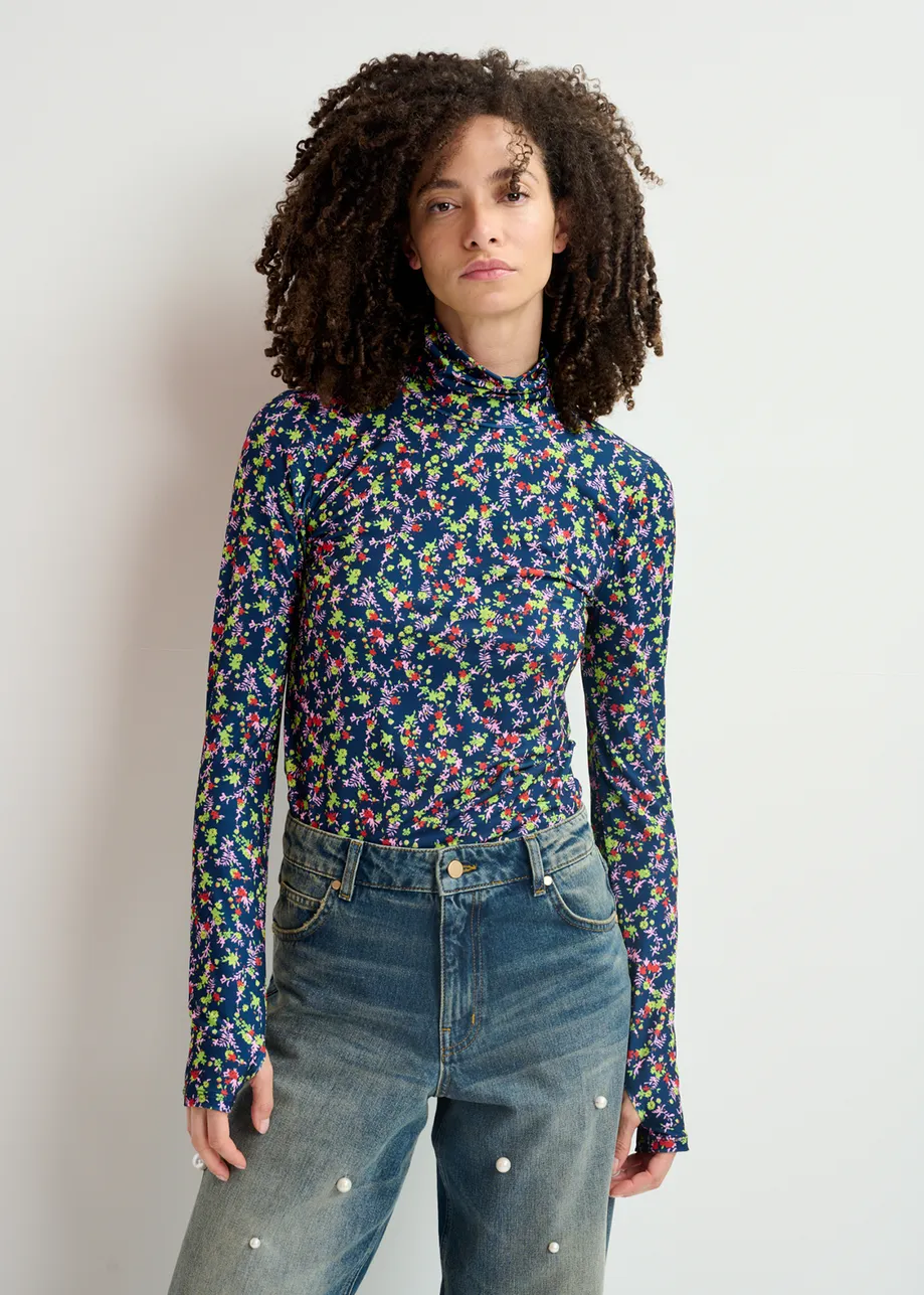 Top de cuello alto con estampado floral, azul oscuro