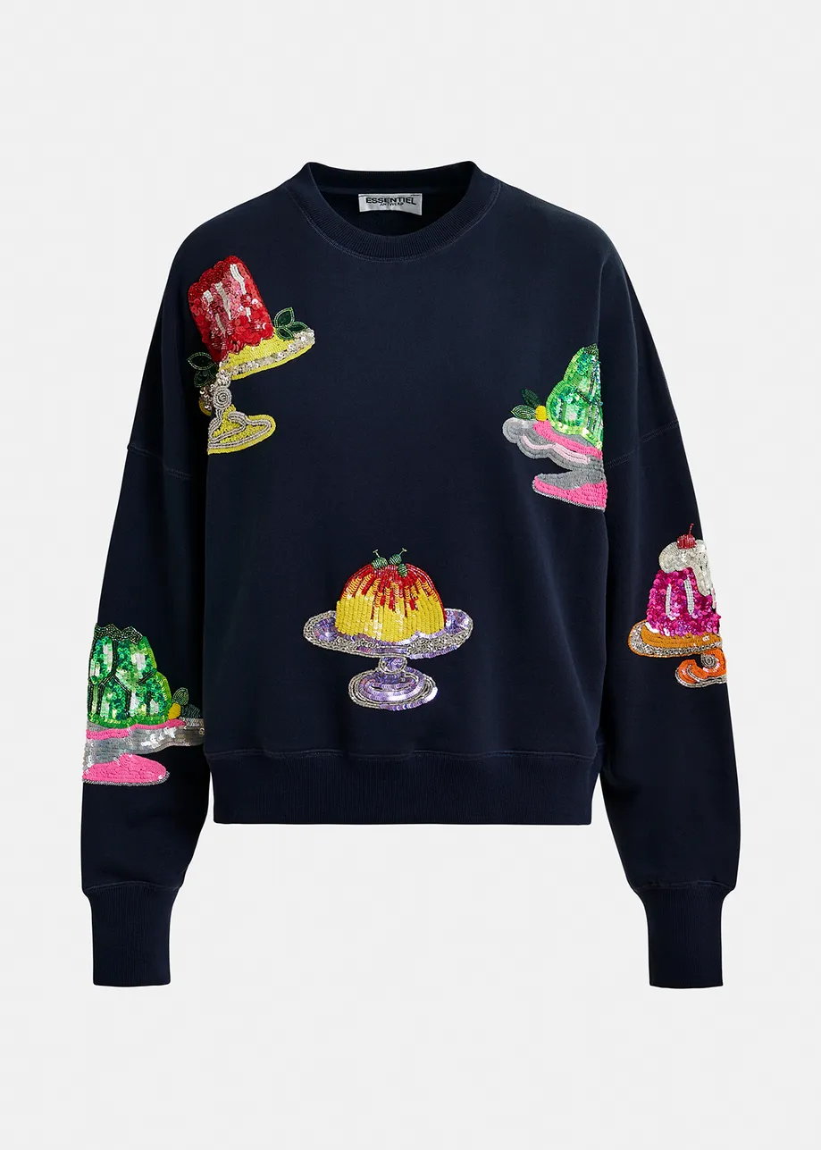 Navy blue organic cotton sweatshirt with sequin and bead-embroidered pies