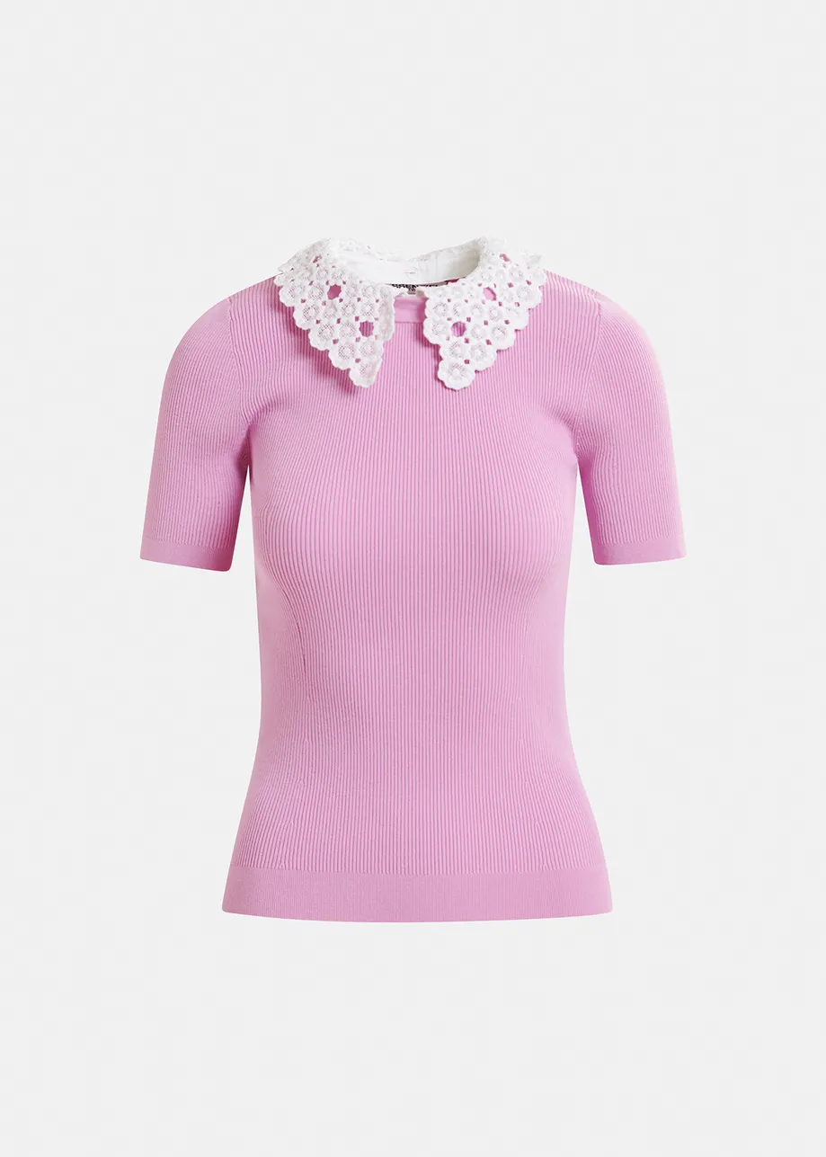 Lilac ribbed knitted polo top with removable lace collar