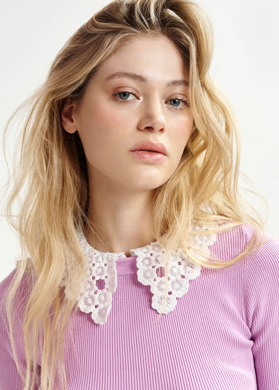 Lilac ribbed knitted polo top with removable lace collar