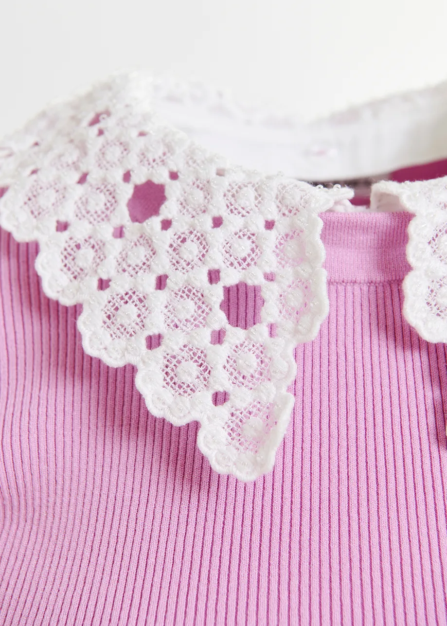 Lilac ribbed knitted polo top with removable lace collar