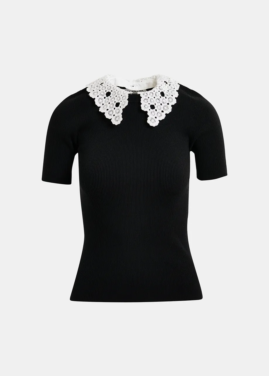 Black ribbed knitted polo top with removable lace collar