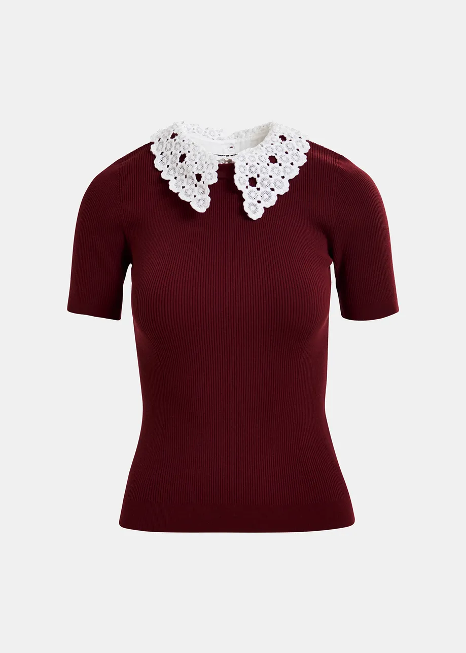 Burgundy ribbed knitted polo top with removable lace collar