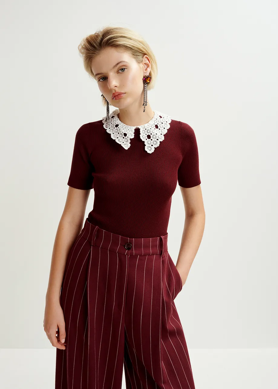 Burgundy ribbed knitted polo top with removable lace collar