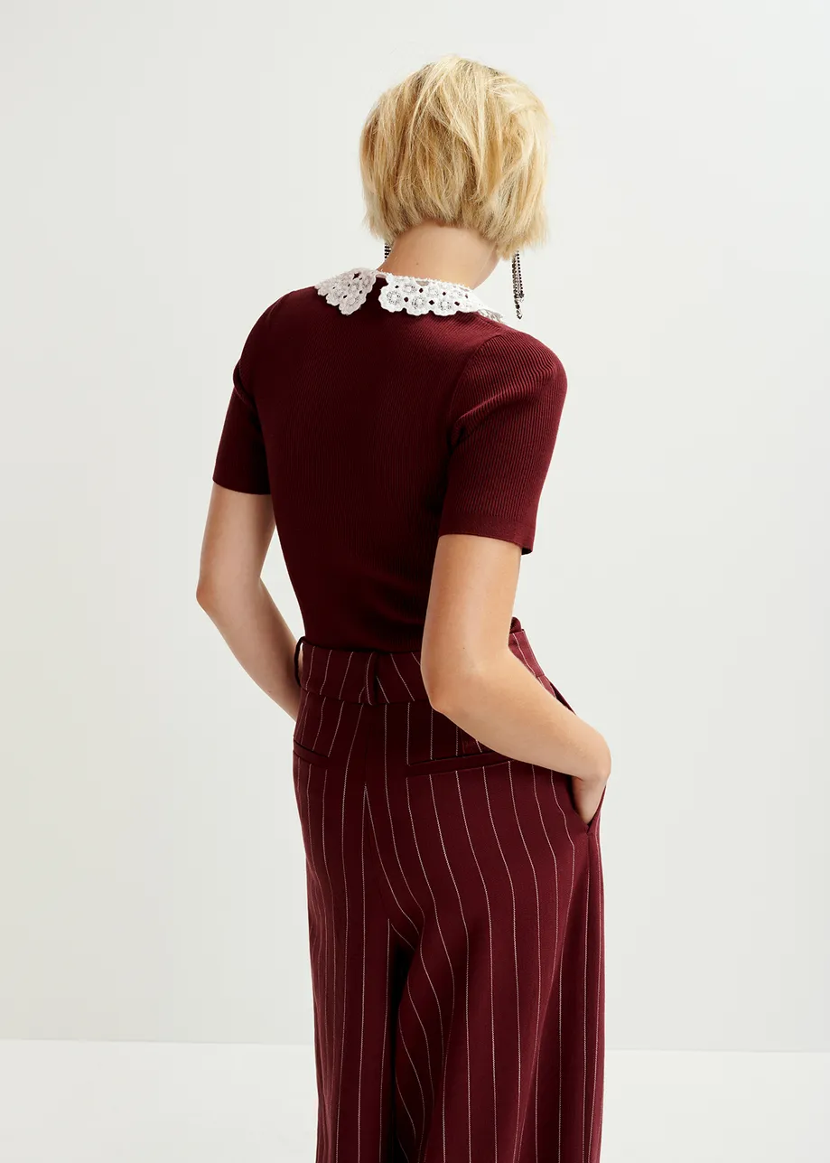 Burgundy ribbed knitted polo top with removable lace collar