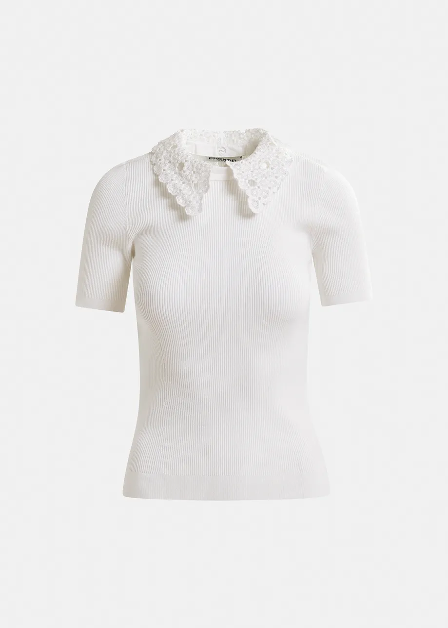 Off-white ribbed knitted polo top with removable lace collar