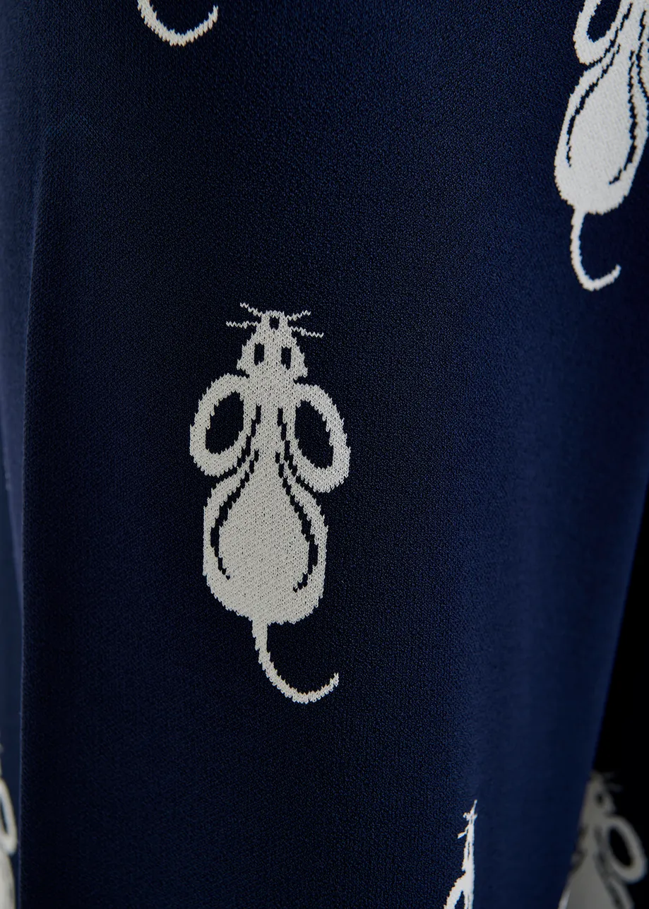 Navy blue flared knitted pants with mice pattern