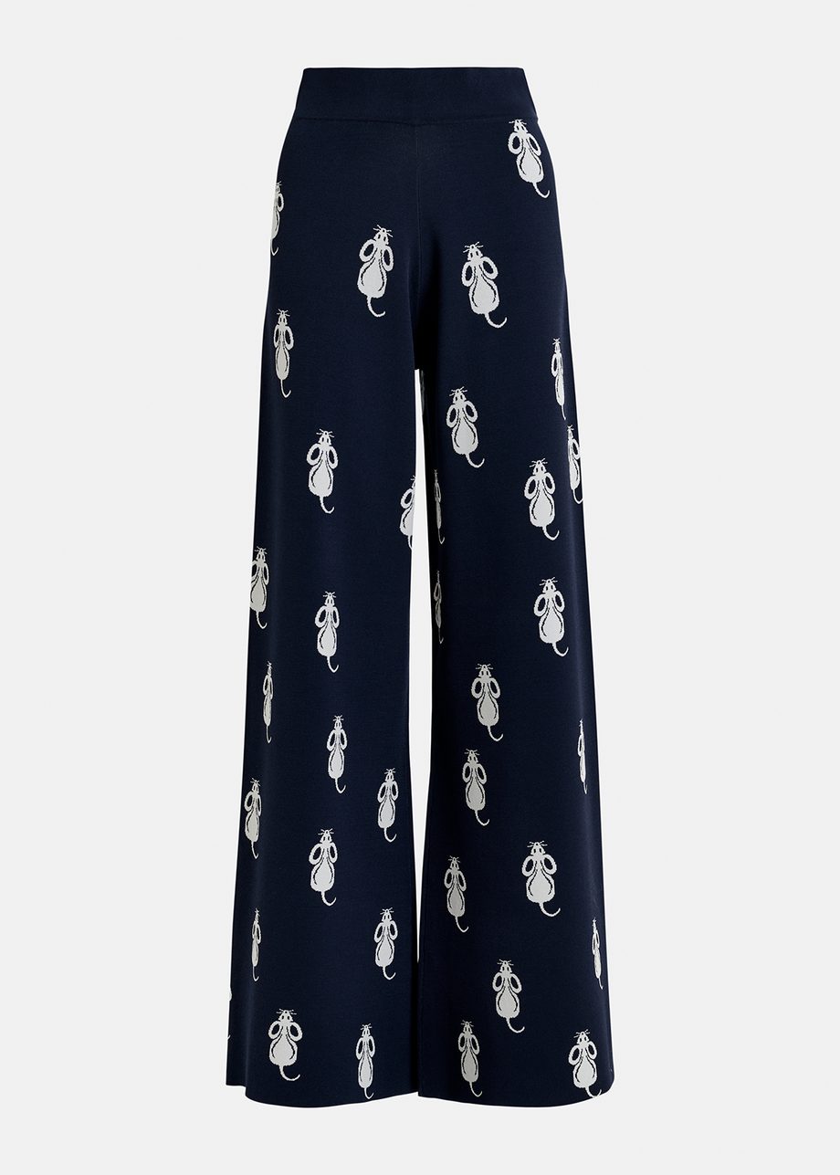 Navy blue flared knitted pants with mice pattern