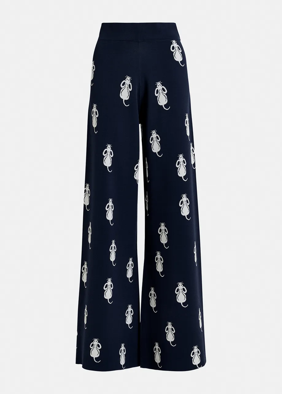 Navy blue flared knitted pants with mice pattern