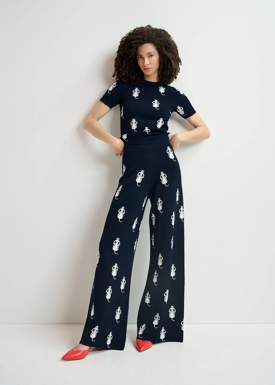 Navy blue flared knitted pants with mice pattern