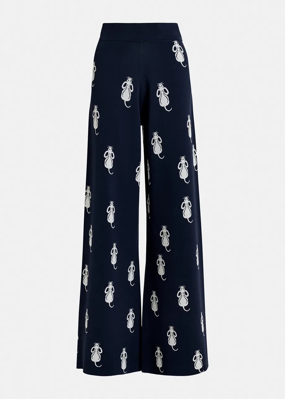 Navy blue flared knitted pants with mice pattern