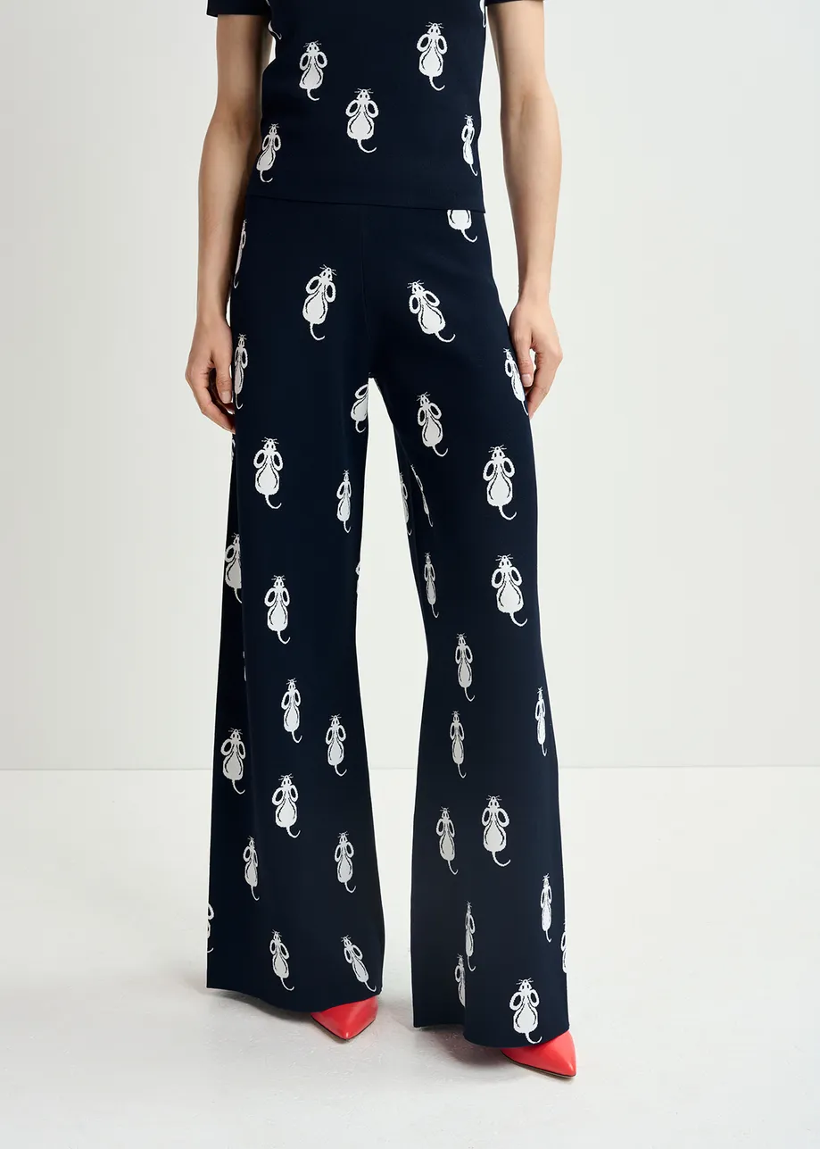 Navy blue flared knitted pants with mice pattern