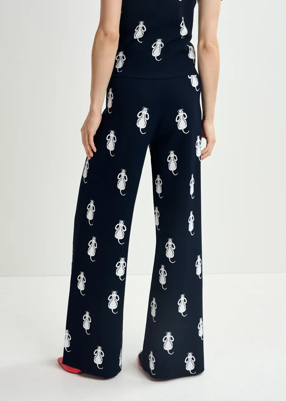 Navy blue flared knitted pants with mice pattern