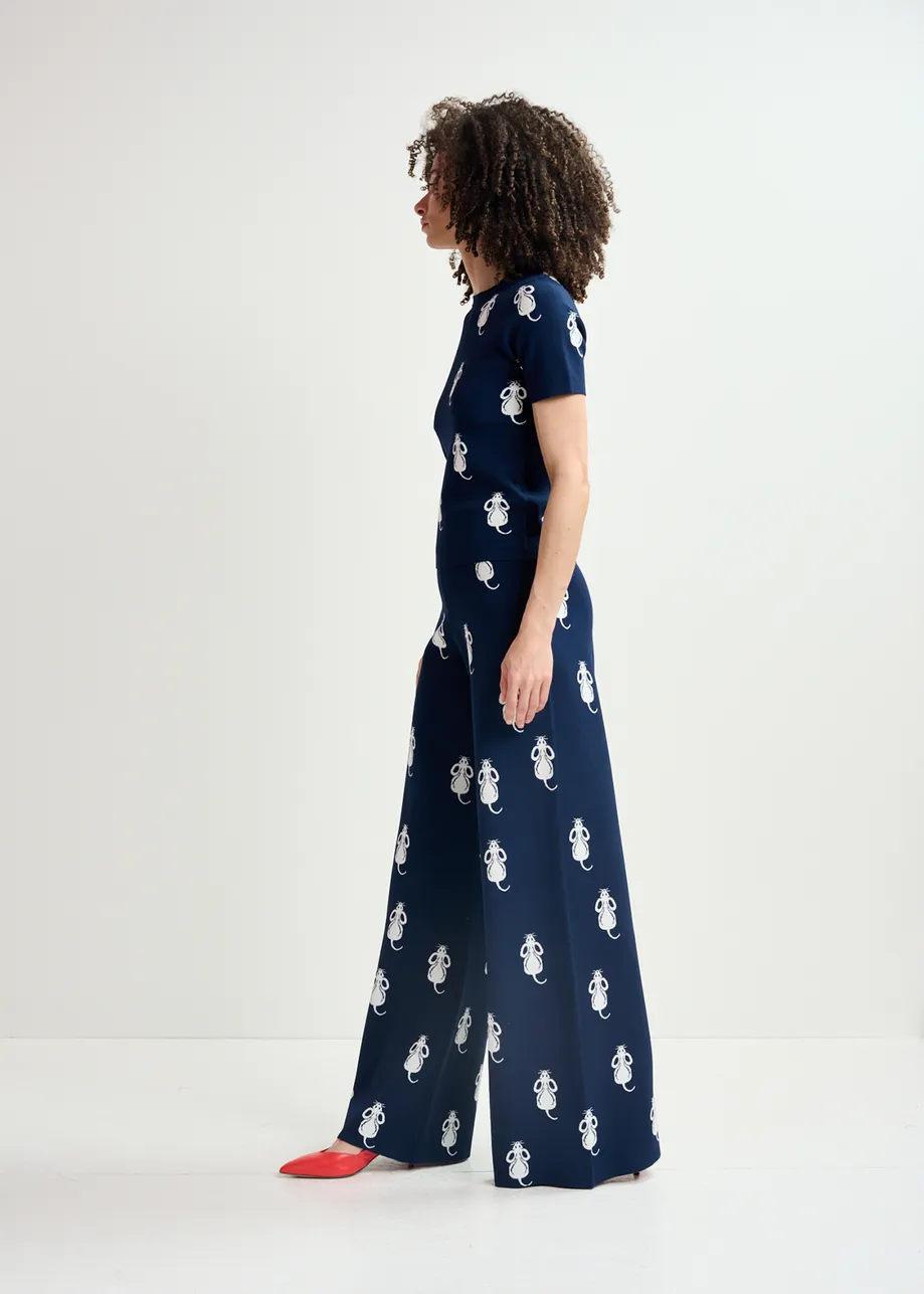 Navy blue flared knitted pants with mice pattern