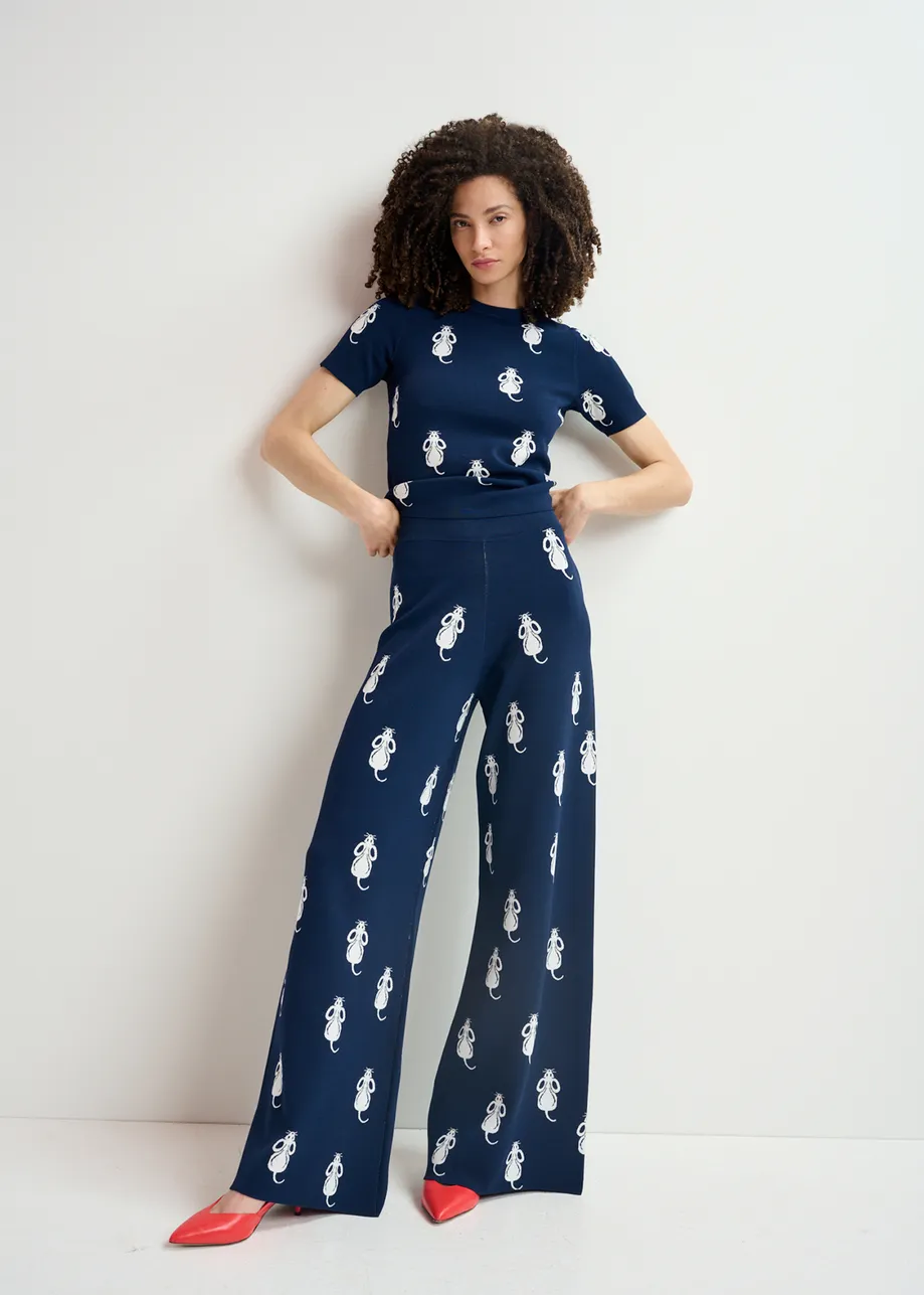 Navy blue flared knitted pants with mice pattern