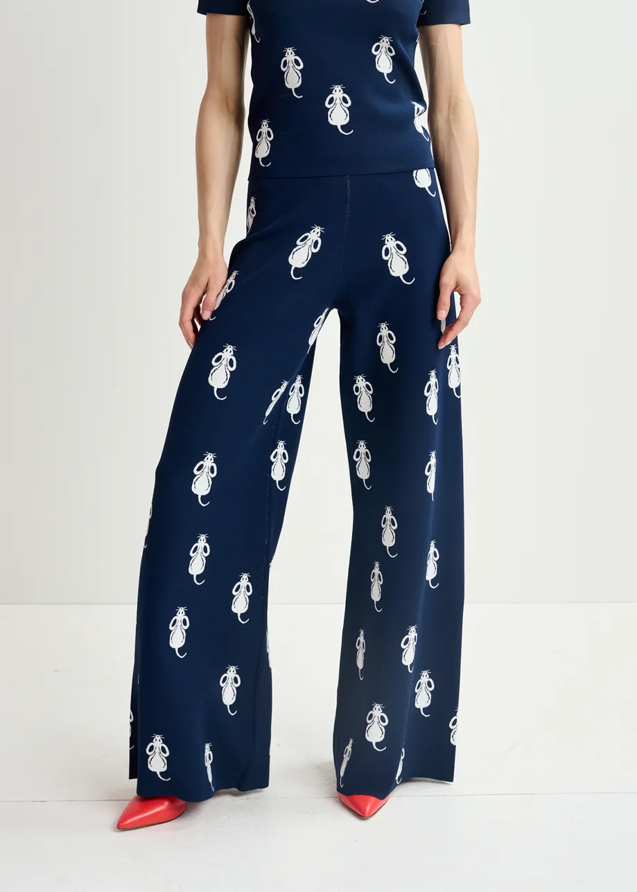 Navy blue flared knitted pants with mice pattern