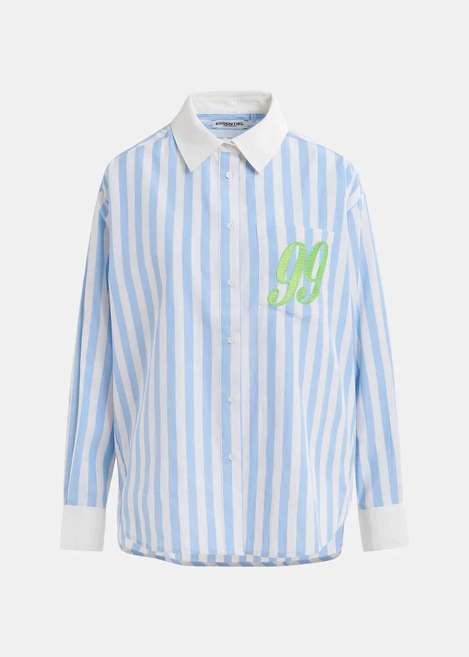 Blue, white and green striped shirt with '99' embroidery