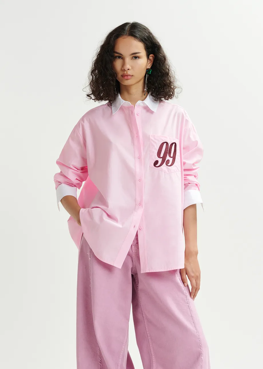 Camisa de algodón con bordado «99», rosa, blanco y burdeos
