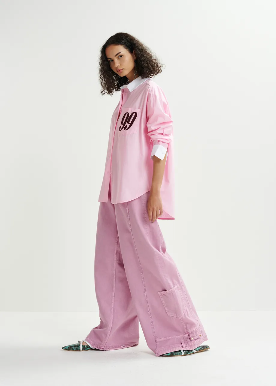 Camisa de algodón con bordado «99», rosa, blanco y burdeos