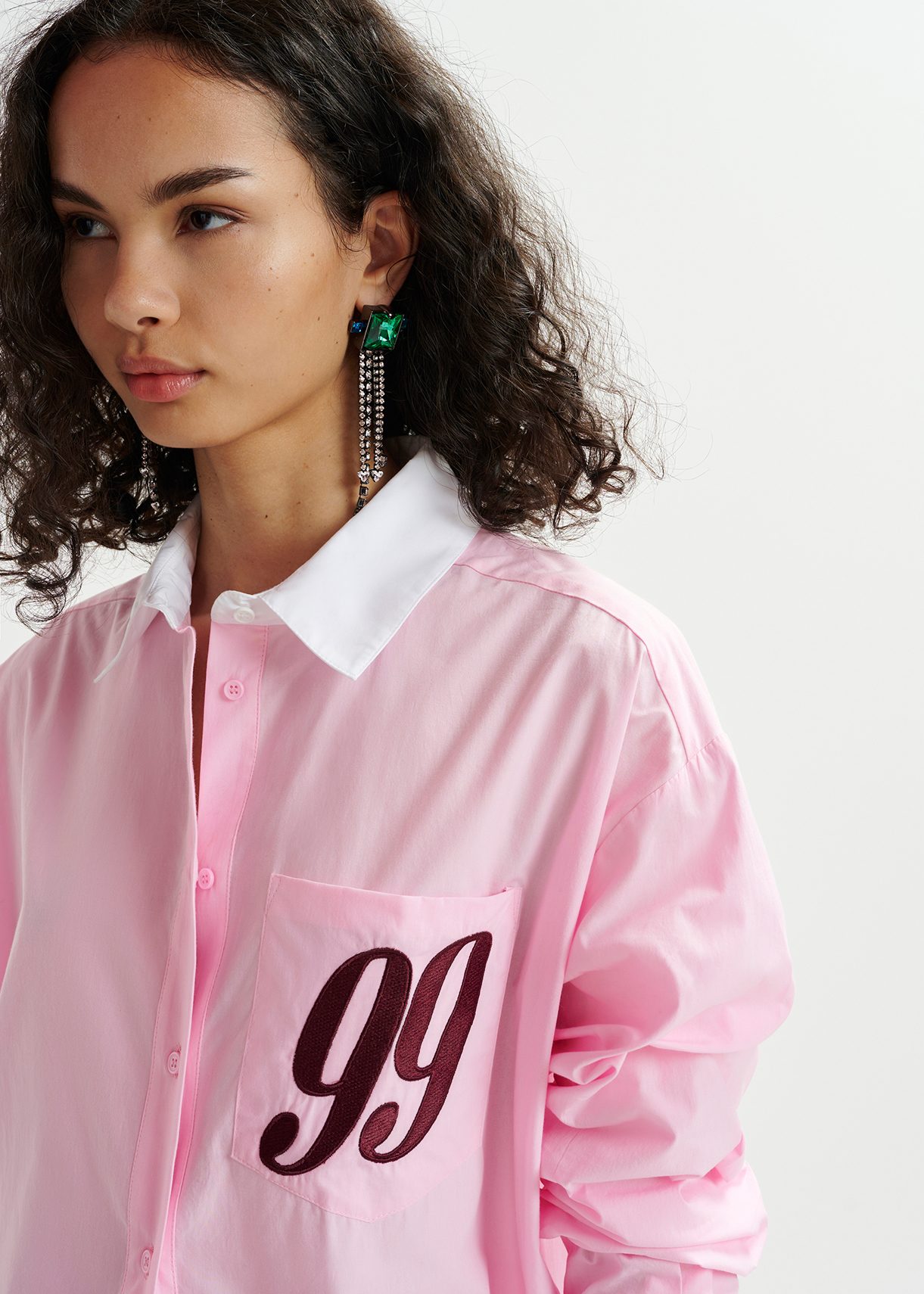 Pink, white and burgundy cotton shirt with '99' embroidery