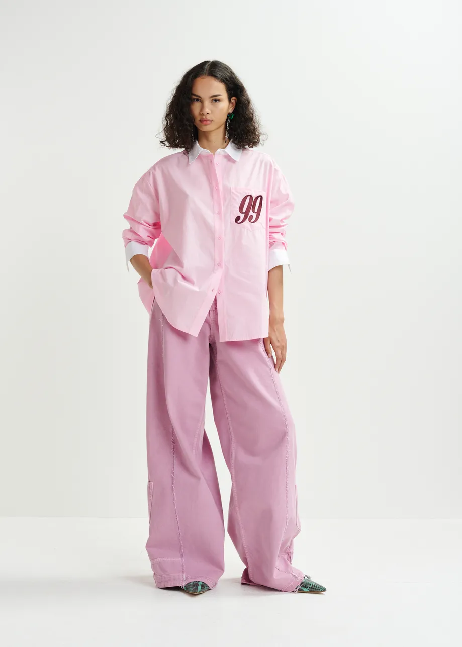 Camisa de algodón con bordado «99», rosa, blanco y burdeos