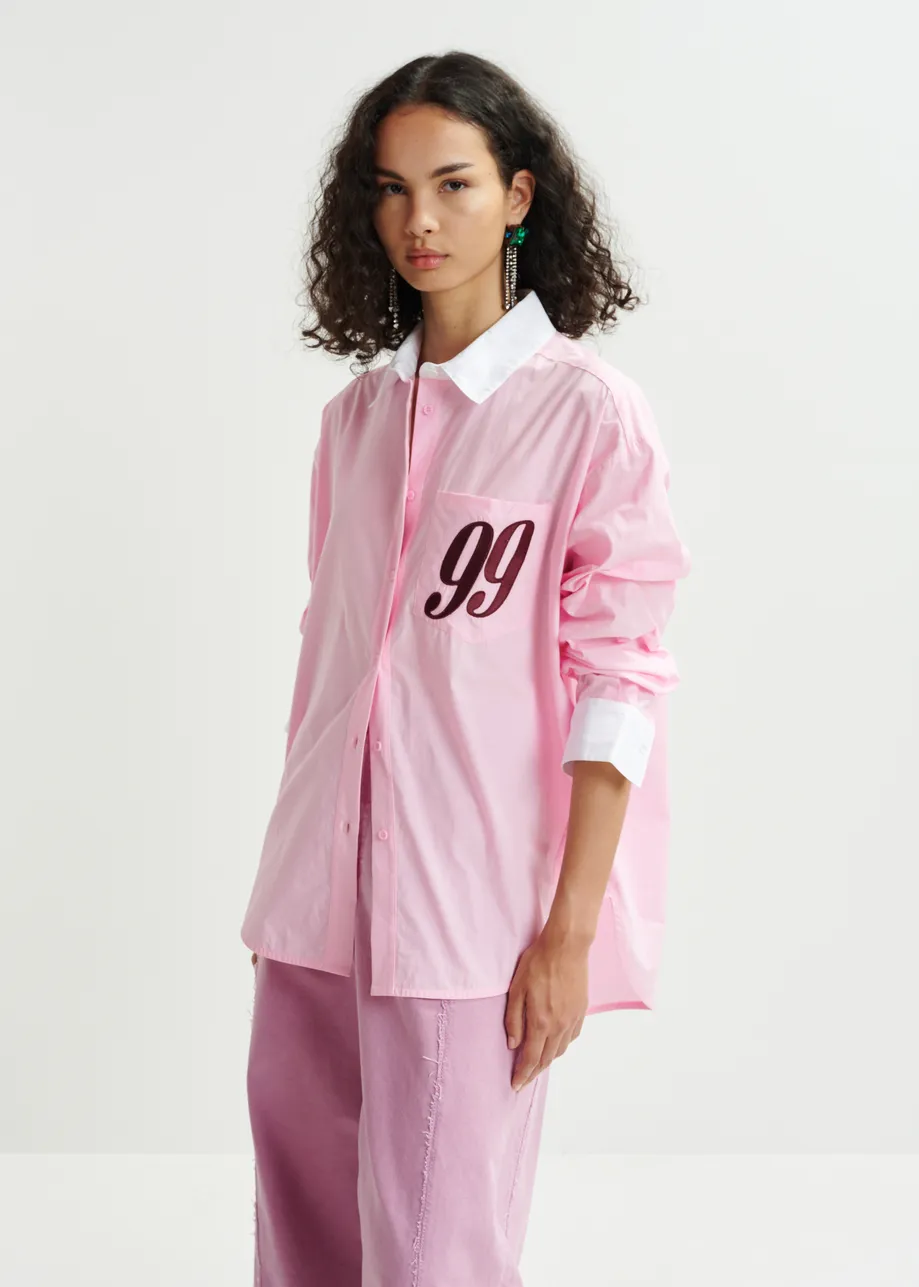 Camisa de algodón con bordado «99», rosa, blanco y burdeos