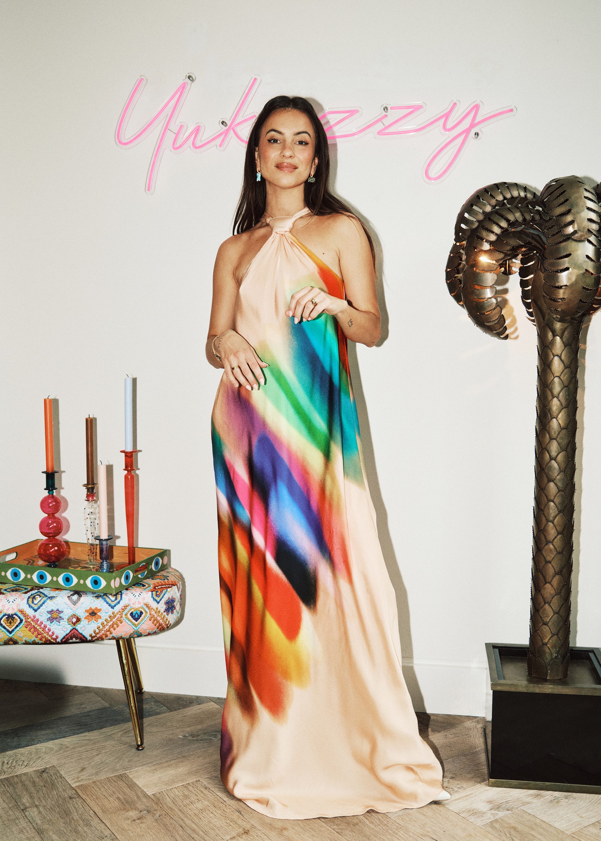 Light peach and multicolored halterneck maxi-dress with knot detail | Essentiel  Antwerp United States