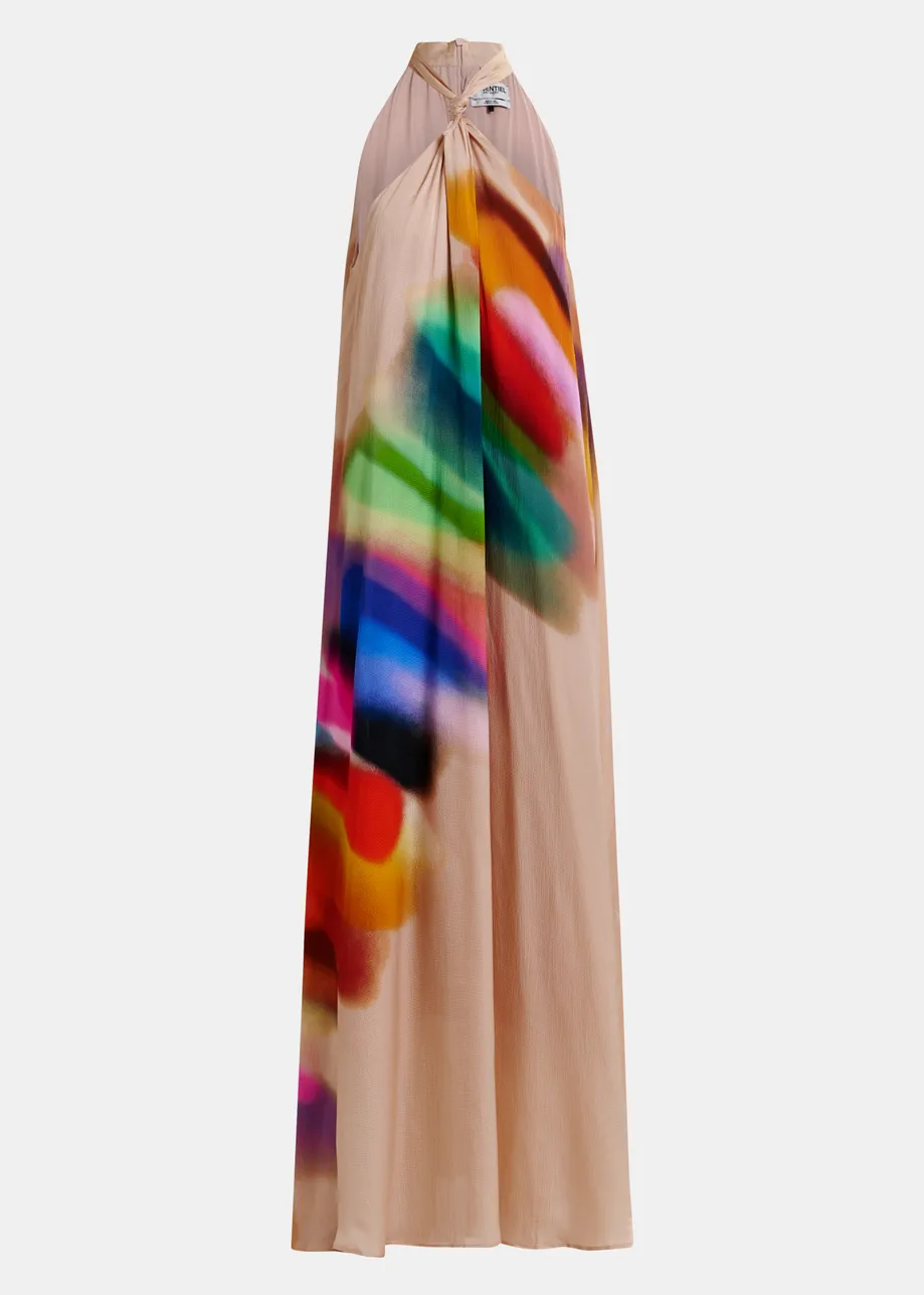 Maxi-abito con scollo all'americana color pesca chiaro e multicolore con dettaglio nodo
