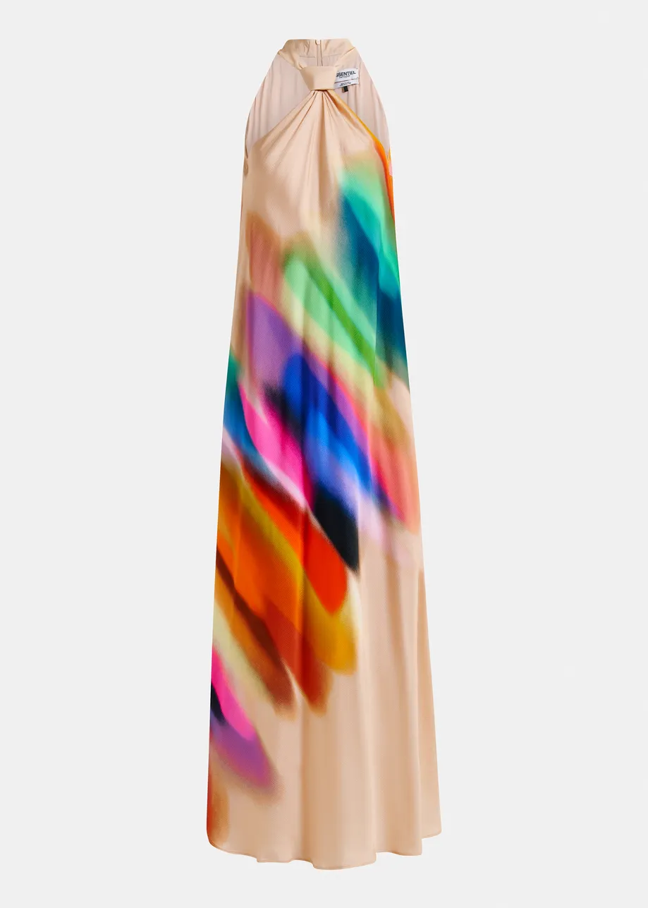 Light peach and multicolored halterneck maxi-dress with knot detail