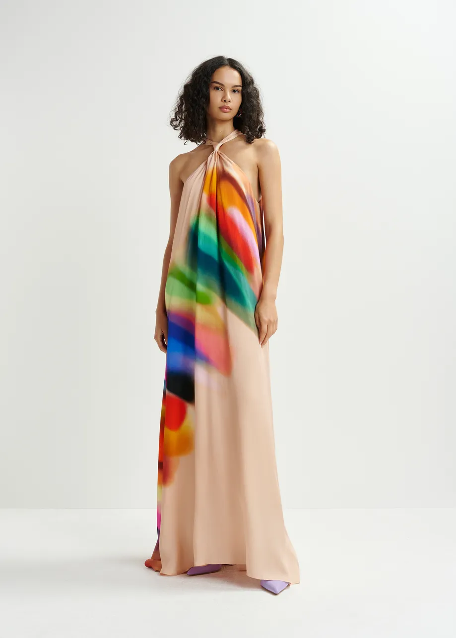 Light peach and multicolored halterneck maxi-dress with knot detail