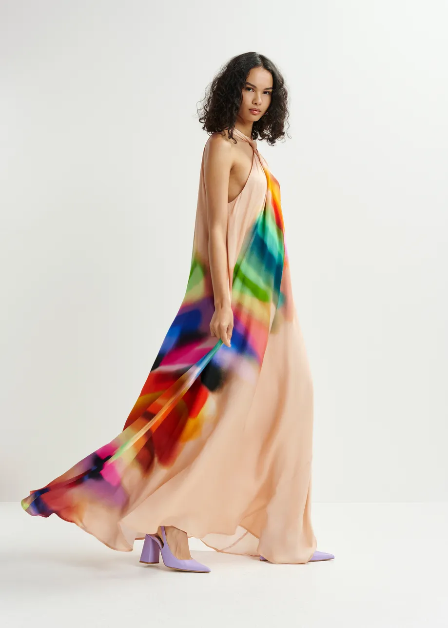 Light peach and multicolored halterneck maxi-dress with knot detail