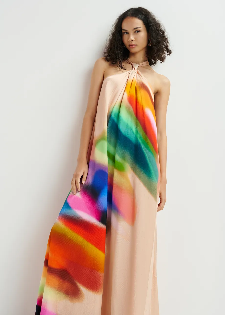 Light peach and multicolored halterneck maxi-dress with knot detail