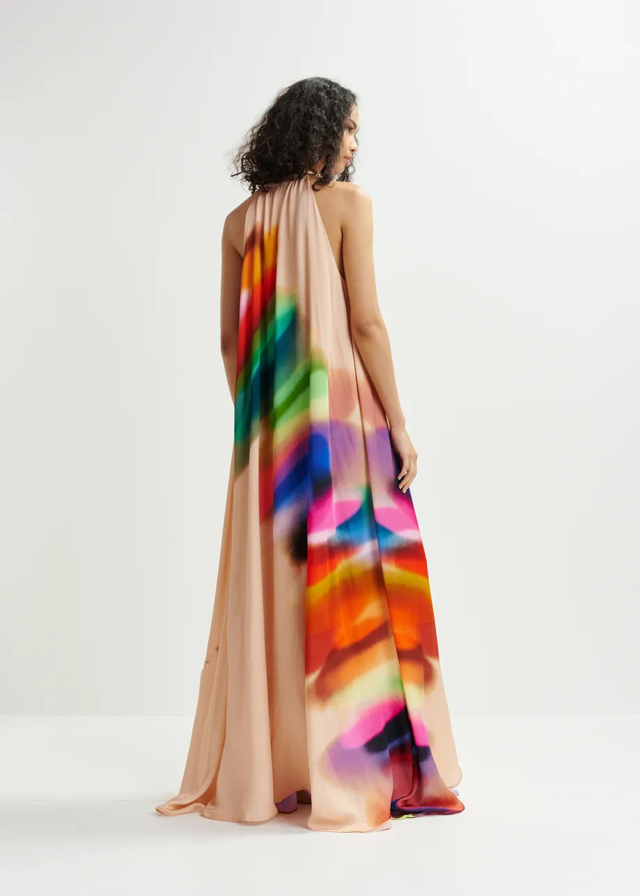 Maxi-abito con scollo all'americana color pesca chiaro e multicolore con dettaglio nodo