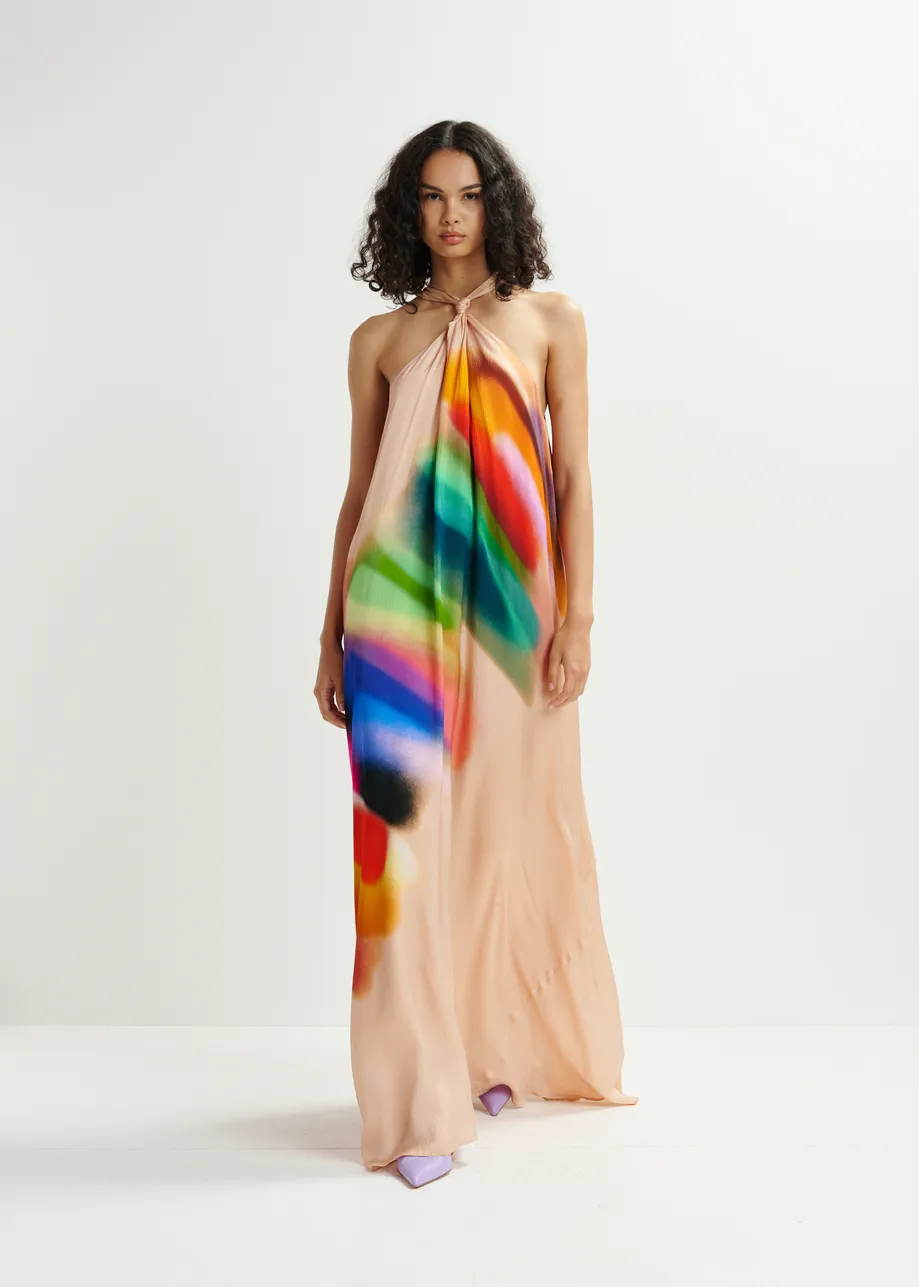 Maxi-abito con scollo all'americana color pesca chiaro e multicolore con dettaglio nodo
