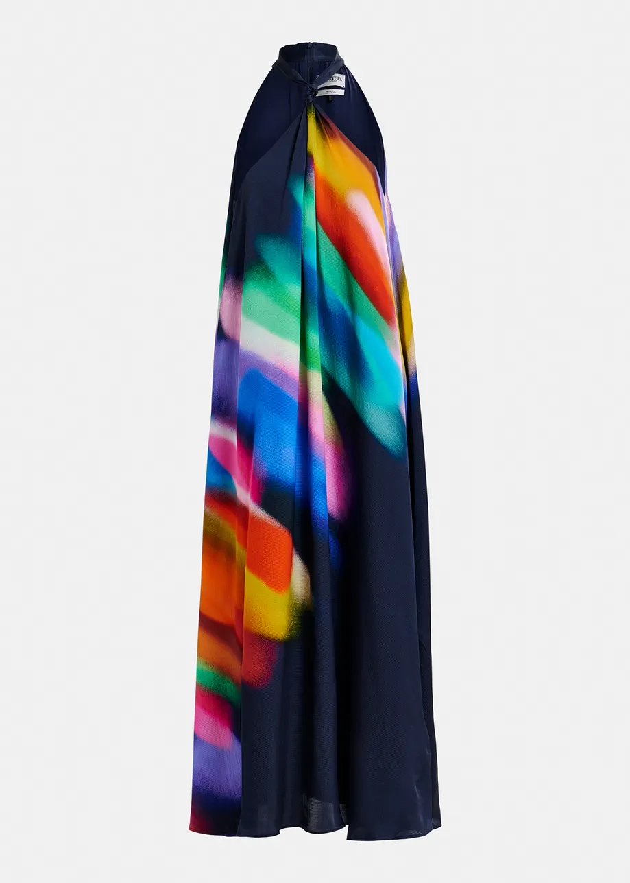Maxi-abito con scollo all'americana blu scuro e multicolore con dettaglio nodo