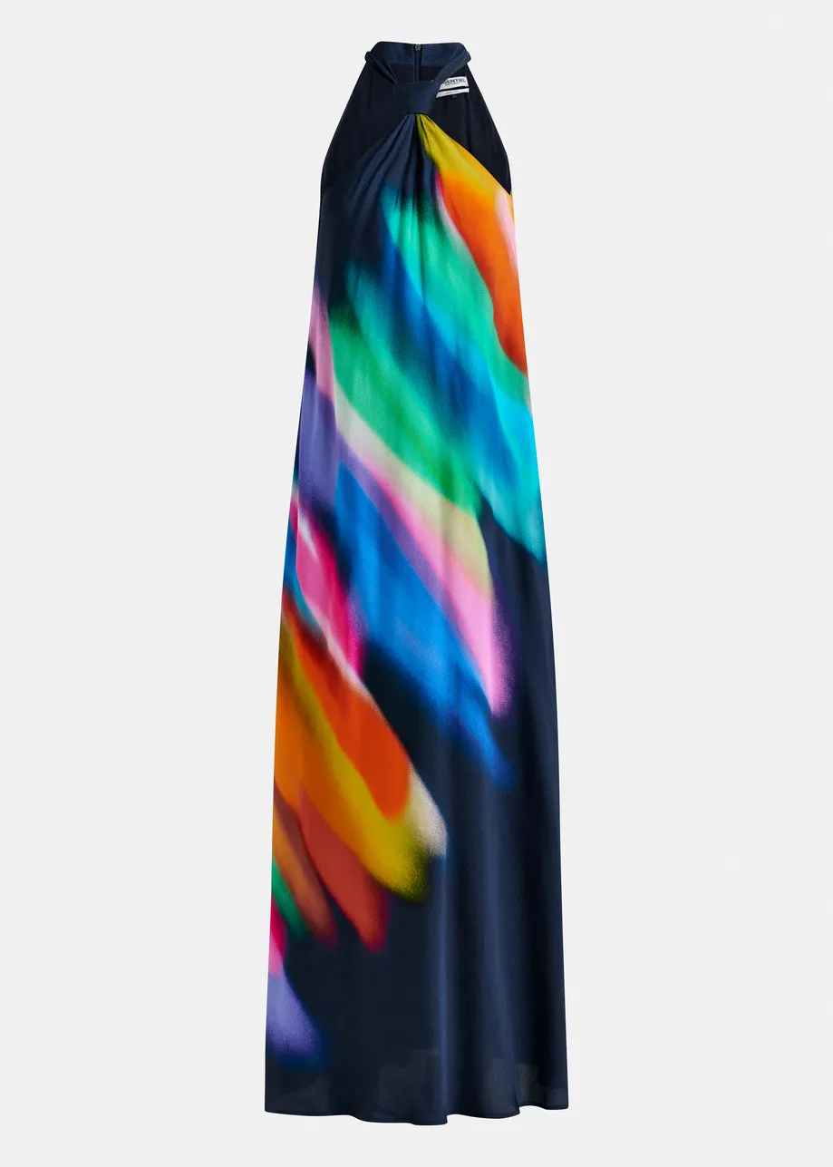 Robe longue bleu foncé et multicolore à encolure américaine et nœud