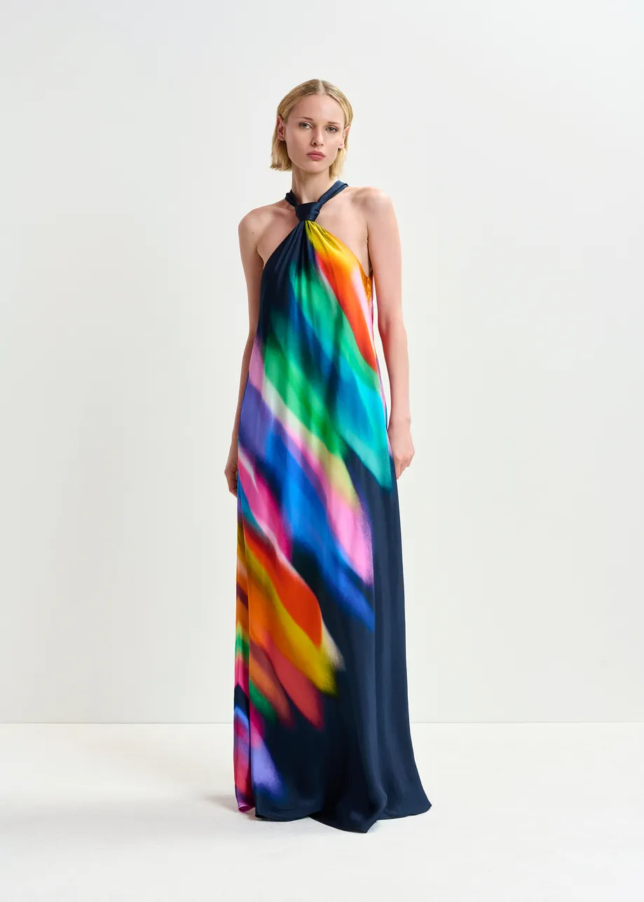 Robe longue bleu foncé et multicolore à encolure américaine et nœud